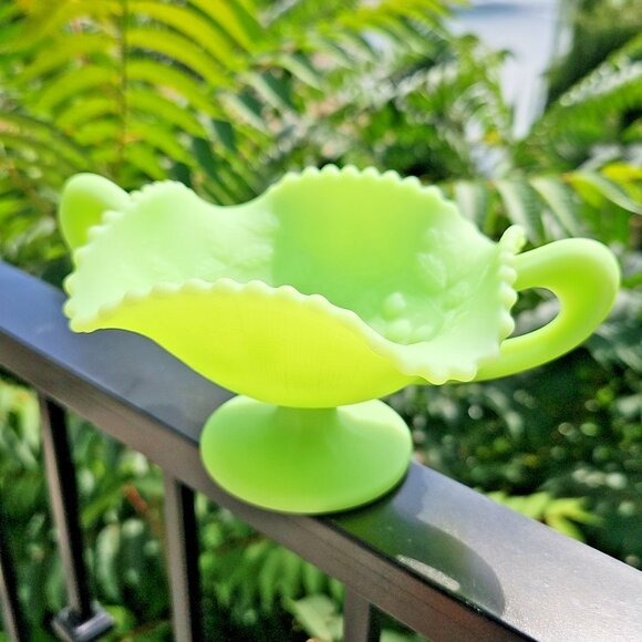 Fenton Uranium Lime Green Satin Footed Candy Dish With Handles Geiger Checked - Picture 8 of 15